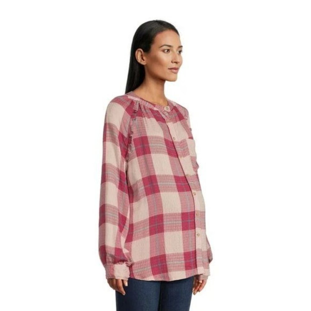 Time and Tru Womens Maternity Blouse Plaid Button Front Shirt Pink Long Sleeve